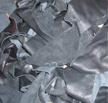 Load image into Gallery viewer, Assorted 2-lb black leather scraps for crafts, ideal for unique projects like wallets and jewelry. Diverse shapes from garment cutting.
