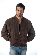 Load image into Gallery viewer, Man wearing REED Men&#39;s Baseball Suede Leather Jacket, brown suede, classic style, great for fall and spring.
