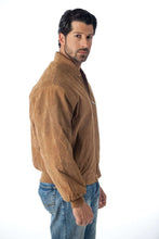 Load image into Gallery viewer, Man wearing REED men&#39;s baseball suede leather jacket in brown, showcasing classic style with satin lining for fall and spring.
