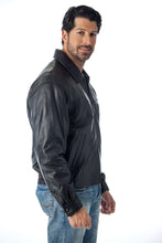 Load image into Gallery viewer, Man wearing REED Men&#39;s New Zealand Lambskin Leather Jacket in black, showcasing sleek and stylish design for any occasion.
