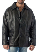 Load image into Gallery viewer, REED Men&#39;s Premium Four Button Car Coat Leather Jacket in black, made from quality cow leather, stylish and comfortable.
