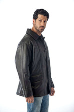 Load image into Gallery viewer, REED Men&#39;s Premium Four Button Car Coat Leather Jacket in black worn by model, showcasing classic style and quality design.
