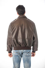 Load image into Gallery viewer, Back view of REED Men&#39;s Bomber Leather Jacket, union-made in USA, showcasing durable naked cow leather and classic design.
