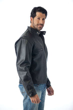 Load image into Gallery viewer, Alt Tag: Man wearing REED Men&#39;s Naked Cow Leather Motorcycle Jacket, side view, showcasing quality leather and style.
