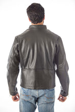 Load image into Gallery viewer, Back view of a man wearing REED Men&#39;s Naked Cow Leather Motorcycle Jacket Made in USA, showcasing premium craftsmanship and style.
