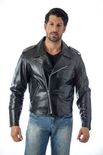 Load image into Gallery viewer, Black REED men&#39;s police leather motorcycle jacket, featuring premium cowhide and stylish design, worn by model.
