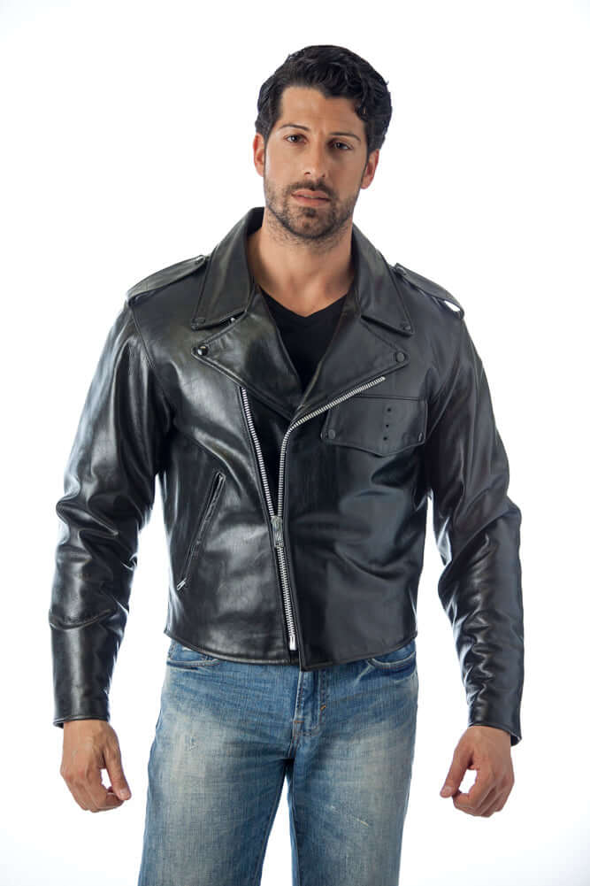 Black REED men's police leather motorcycle jacket, featuring premium cowhide and stylish design, worn by model.