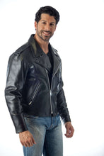 Load image into Gallery viewer, Black REED Men&#39;s Police Leather Motorcycle Jacket worn by model, made in USA, premium cowhide leather, durable, stylish.
