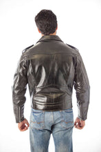 Load image into Gallery viewer, Back view of REED Men&#39;s Police Leather Motorcycle Jacket in black, made with premium cowhide leather, worn by a model.
