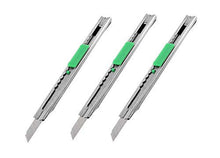Cargar imagen en el visor de la galería, eZthings Heavy Duty 9mm Snap Off Blades Box Cutters. Set of three utility knives with auto-lock feature for cutting materials like wallpaper, vinyl, leather.
