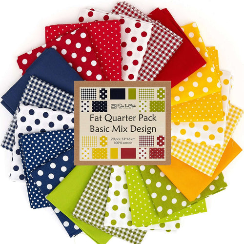20 Fat Quarter Bundle with polka-dot patterns in 4 colors. Perfect for quilting and crafting. 100% cotton, special gift set.