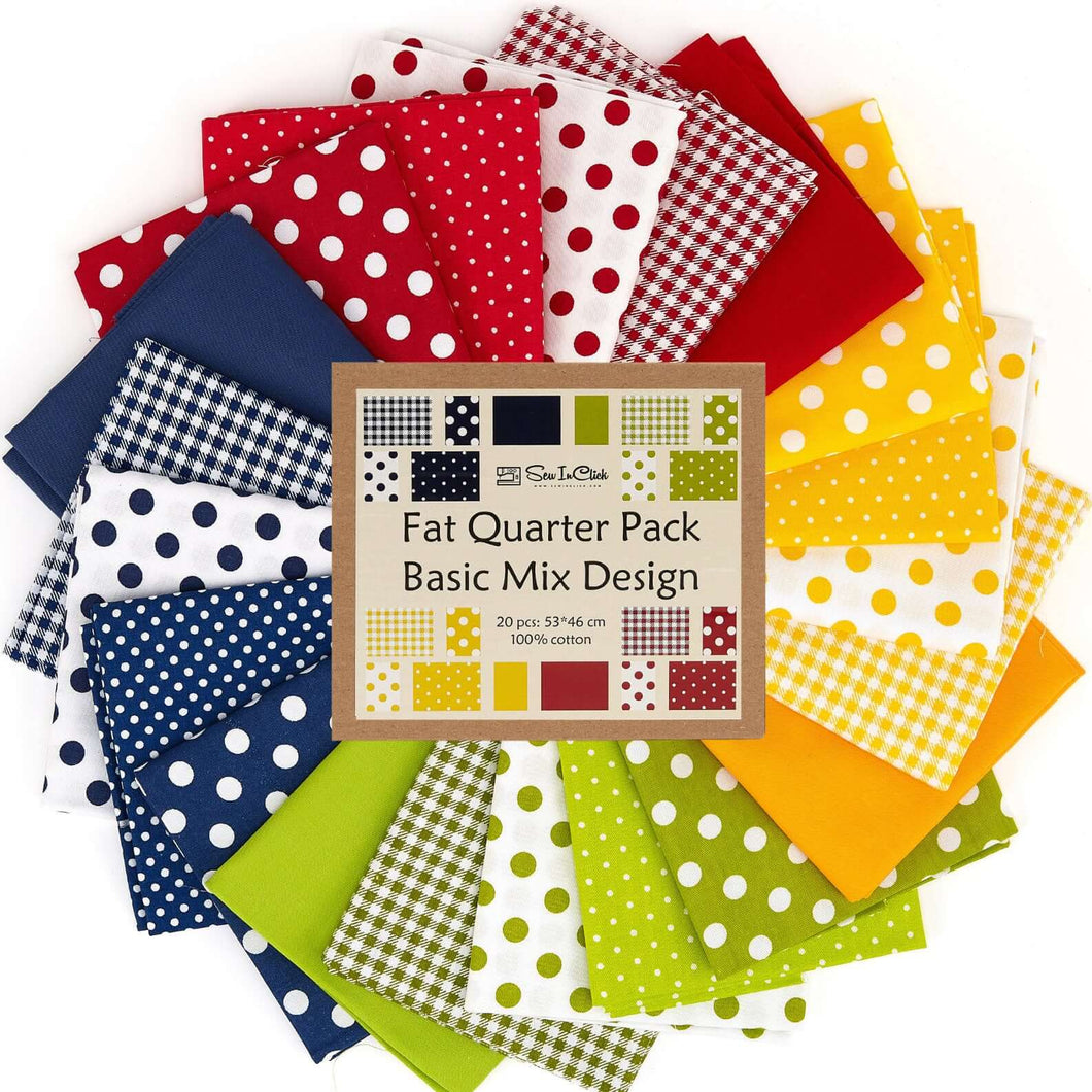 20 Fat Quarter Bundle with polka-dot patterns in 4 colors. Perfect for quilting and crafting. 100% cotton, special gift set.