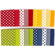 Charger l&#39;image dans la galerie, 20-piece fat quarter bundle with polka-dot patterns in red, yellow, green, and blue; 100% cotton quilting fabric.

