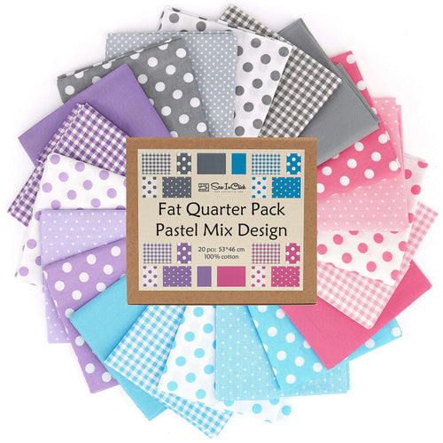 20 Fat Quarter Bundle in pastel colors with polka dots and checkered patterns, ideal for quilting and crafting projects.