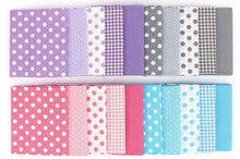 Load image into Gallery viewer, 20-piece fat quarter bundle featuring 100% cotton in pastel mix, 5 patterns, perfect for quilting and crafting. Includes polka dots and check patterns.
