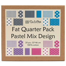 Load image into Gallery viewer, 20 Fat Quarter Bundle in Pastel Mix Design, 100% cotton, featuring various patterns for quilting and crafting, shown in eco-friendly packaging.
