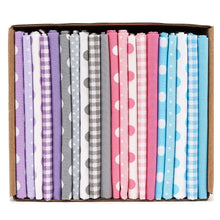 Load image into Gallery viewer, Box of 20 pastel cotton fat quarters for quilting, featuring polka dots and plaid patterns in purple, gray, pink, and blue.
