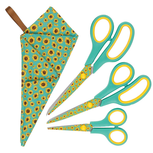 Special Gift Box Sunflowers Scissors Set with Soft Grip, 3 Sizes in Handmade Fabric Case for Crafts, Office, School