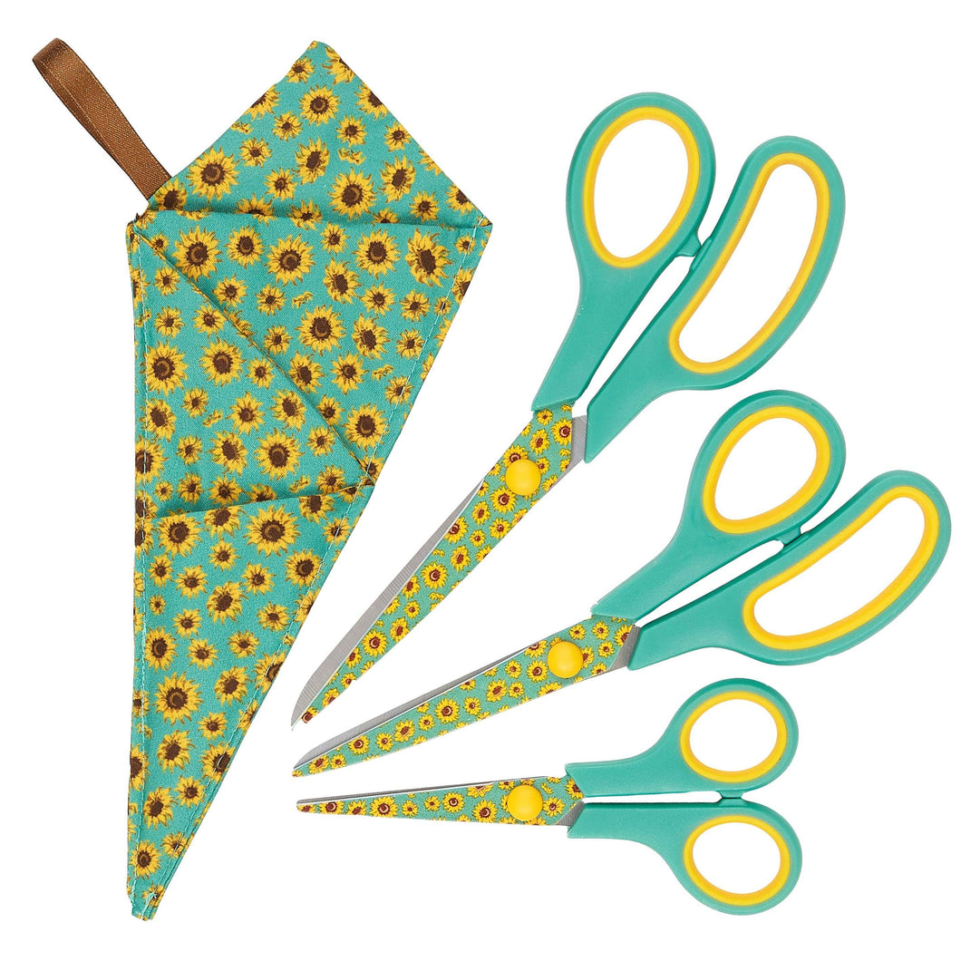 Special Gift Box Sunflowers Scissors Set with Soft Grip, 3 Sizes in Handmade Fabric Case for Crafts, Office, School