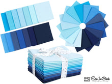 Load image into Gallery viewer, Fat Quarter Bundle of 14 shades in blue and navy, 100% cotton quilting fabric, ideal for crafting and gift-giving, displayed with ribbon.

