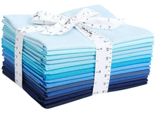 Load image into Gallery viewer, Fat Quarter Bundle of 100% Cotton in Shades of Blue and Navy, 14 Colors for Quilting and Crafting, Wrapped with Measuring Tape Ribbon.
