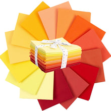 Load image into Gallery viewer, 14 Fat Quarter Bundle of 100% Cotton in sunrise and sunset colors, each 20.8x18.1 inches, stacked and displayed in a colorful circle.
