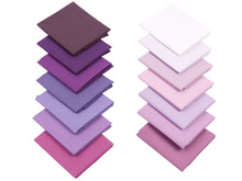 Load image into Gallery viewer, Fat Quarter Bundle with 100% cotton in shades of purple and magenta, featuring solid colors for quilting and crafting projects.
