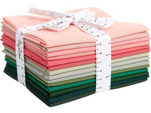 Load image into Gallery viewer, Fat Quarter Bundle of 100% cotton in pink and emerald green shades, perfect for quilting, each piece measuring 20.8 x 18.1 inches.
