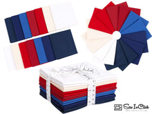 Load image into Gallery viewer, Fat Quarter Bundle in red, blue, and white cotton fabric for quilting, includes 14 pieces, ideal for patriotic USA flag-themed crafting.
