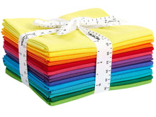 Load image into Gallery viewer, Rainbow mix fat quarter bundle in 14 colors, 100% cotton, tied with a measuring tape ribbon, ideal for quilting and crafting.
