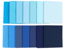 Load image into Gallery viewer, Fat Quarter Bundle of 14 cotton fabrics in shades of blue and navy, ideal for quilting and crafting projects.
