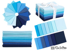 Load image into Gallery viewer, Fat Quarter Bundle of 100% cotton fabric in shades of blue and navy, featuring 14 colors, ideal for quilting and crafting projects.
