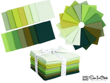 Load image into Gallery viewer, Fat Quarter Bundle in shades of emerald green, 100% cotton fabric, perfect for quilting and crafting, special gift bundle, 14 pieces.
