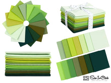 Load image into Gallery viewer, Fat Quarter Bundle of 100% cotton with shades of emerald greens, ideal for quilting and crafting. Includes 14 mix-colored fabric pieces.
