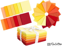Load image into Gallery viewer, 14 Fat Quarter Bundle in sunrise and sunset colors, 100% cotton, quilting fabric. Includes 14 mix colors, no duplicates, tied with a ribbon.
