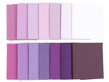 Load image into Gallery viewer, Fat Quarter Bundle with shades of purple and magenta, 100% cotton, perfect for quilting and crafting projects. Includes 14 no-duplicate pieces.
