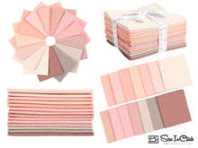 Load image into Gallery viewer, Fat Quarter Bundle in soft pinks, 100% cotton, 14 colors for quilting and crafting. Includes stacked fabric and fan display.
