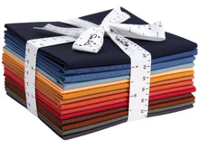 Load image into Gallery viewer, Fat Quarter Bundle in Jewel Tones with 14 assorted 100% cotton fabrics, tied with ribbon, perfect for quilting and crafting projects.
