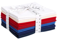 Load image into Gallery viewer, Fat Quarter Bundle in patriotic red, blue, and white 100% cotton fabric for quilting and crafting.
