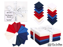 Load image into Gallery viewer, Fat Quarter Bundle in patriotic USA colors, 100% cotton, featuring red, blue, and white shades for quilting, 14 pieces, 20.8x18.1 inches.
