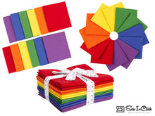 Load image into Gallery viewer, Fat Quarter Bundle with Pride Flag colors, 100% cotton for quilting, featuring 12 quarters in vibrant hues, tied with measuring tape ribbon.
