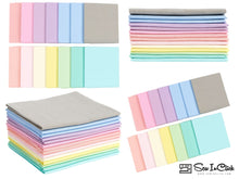 Load image into Gallery viewer, Fat Quarter Bundle with 14 pastel cotton fabrics, ideal for quilting and crafting, featuring soft, vibrant colors and 100% cotton material.
