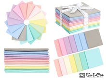 Load image into Gallery viewer, Fat Quarter Bundle featuring 14 pastel colors, 100% cotton fabric for quilting and crafting, displayed in stacks and fan layout.
