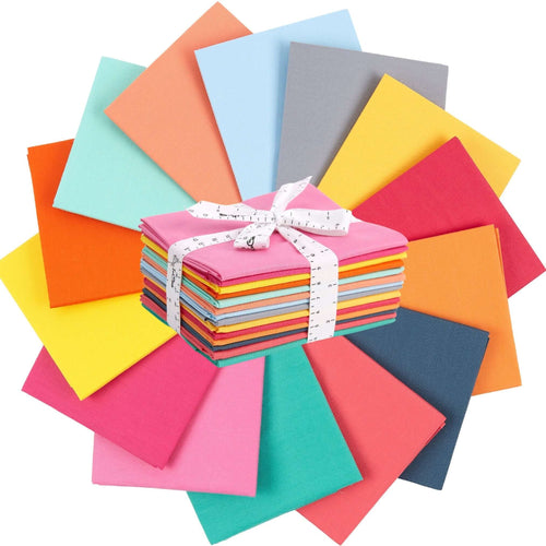 Retro Bright Fat Quarter Bundle with 14 colorful 100% cotton fabrics for quilting, tied with a ribbon, perfect for crafting gifts.
