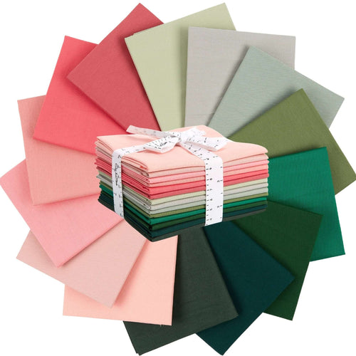 Fat Quarter Bundle in pink and emerald greens; 100% cotton, 14 pieces, perfect for quilting; vibrant colors neatly stacked.