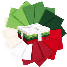 Load image into Gallery viewer, Christmas Fat Quarter Bundle of 100% cotton fabrics in festive red, green, and white hues, perfect for quilting and crafting gifts.
