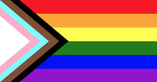 Load image into Gallery viewer, Progress Pride flag featuring rainbow and inclusion colors.
