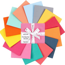 Load image into Gallery viewer, Fat Quarter Bundle of 100% Cotton in Retro Bright Mix, 14 colorful fabric pieces for quilting and crafting, tied with a ribbon.
