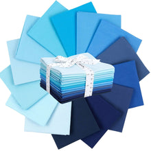 Load image into Gallery viewer, Fat Quarter Bundle of 14 shades of blue cotton fabric for quilting and crafting, arranged in a circular pattern with ribbon.

