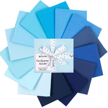 Load image into Gallery viewer, Fat Quarter Bundle of 14 pure solid cotton fabrics in shades of blue and navy, arranged in a circle, perfect for quilting and crafting.
